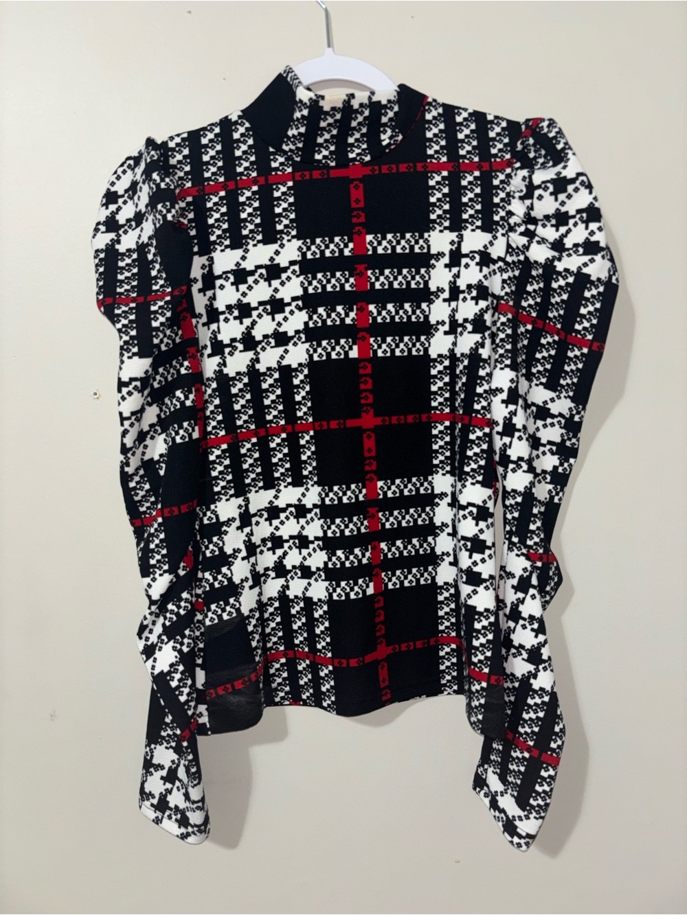 SHEIN Black White Plaid Long Sleeve Top with Red Trim